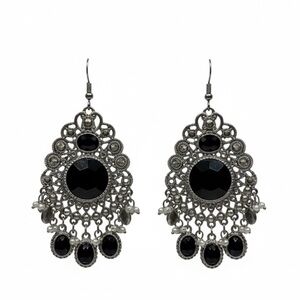 Boho Statement Filigree Chandelier Earrings with Onyx-Black Crystals